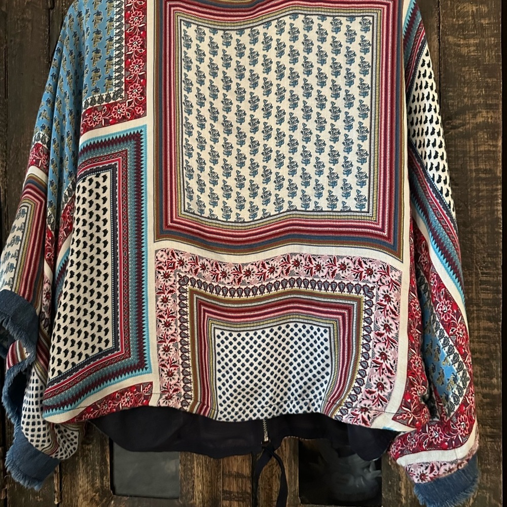 Zara Basic Bohemian Multicolor Kimono Jacket with Denim sleeve accent small - Picture 6 of 6